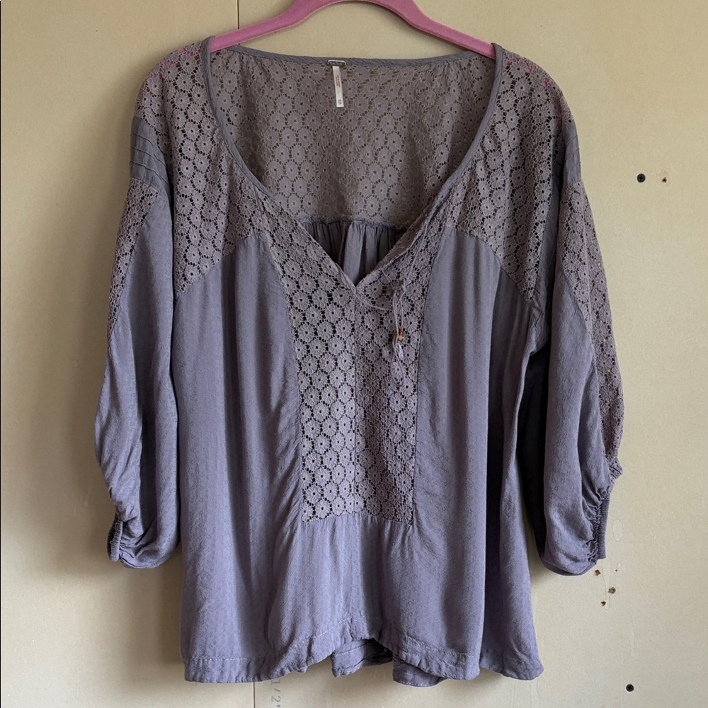 Free People Moon River Peasant Tunic Lavender Crochet Yoke V-Neck - Picture 2 of 6